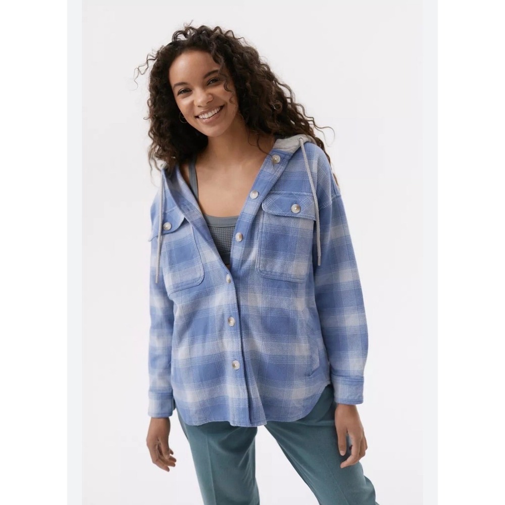BDG Urban Outfitters Lydia Gray Hooded‎ Shirt Jacket Blue Flannel